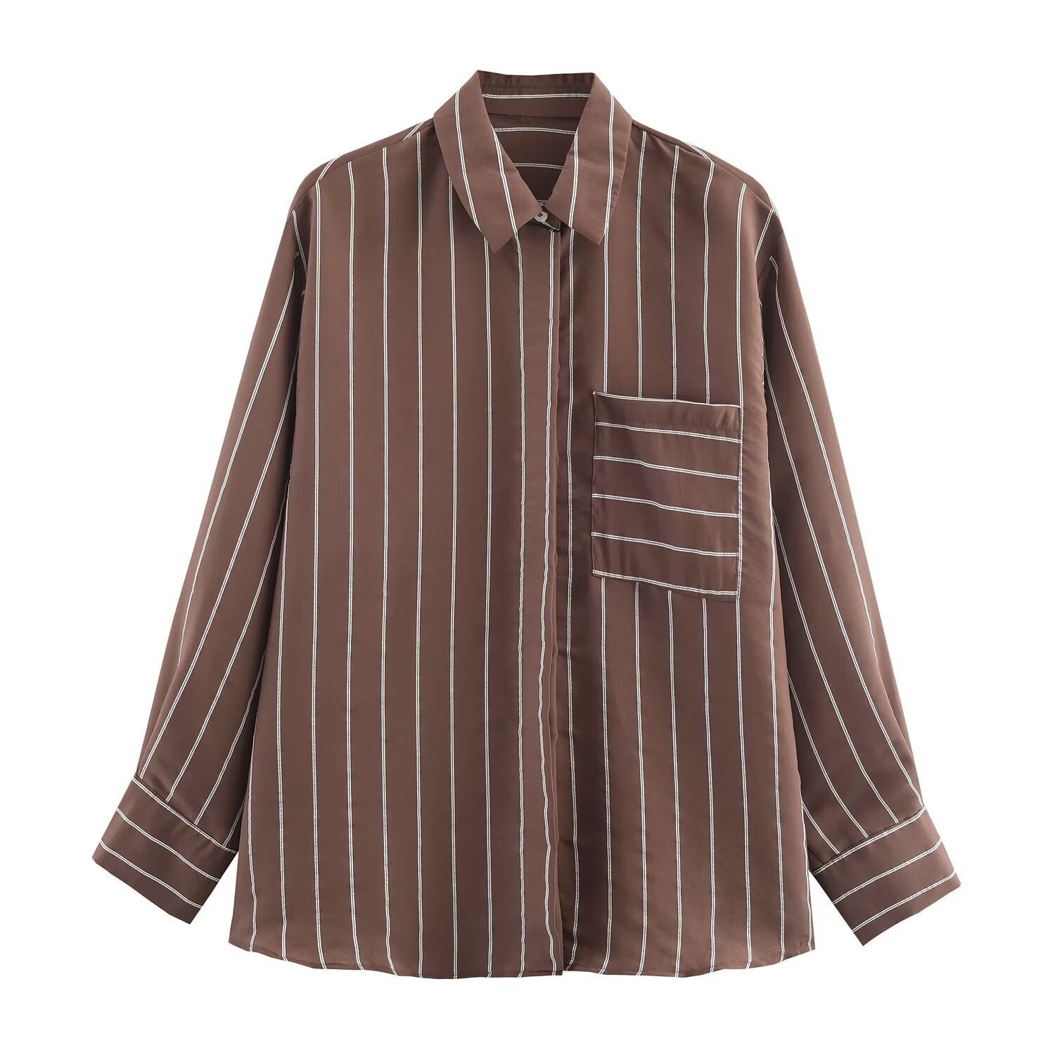 Vera | Striped Button Down Shirt Brown Long Sleeve Pocket