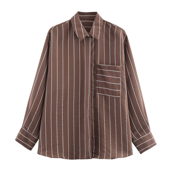 Vera | Striped Button Down Shirt Brown Long Sleeve Pocket