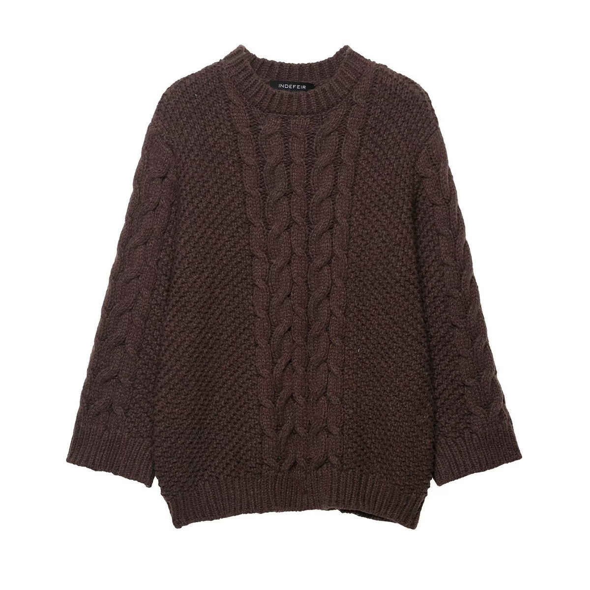 Neve | Oversized Cable Knit Sweater Brown Crew Neck