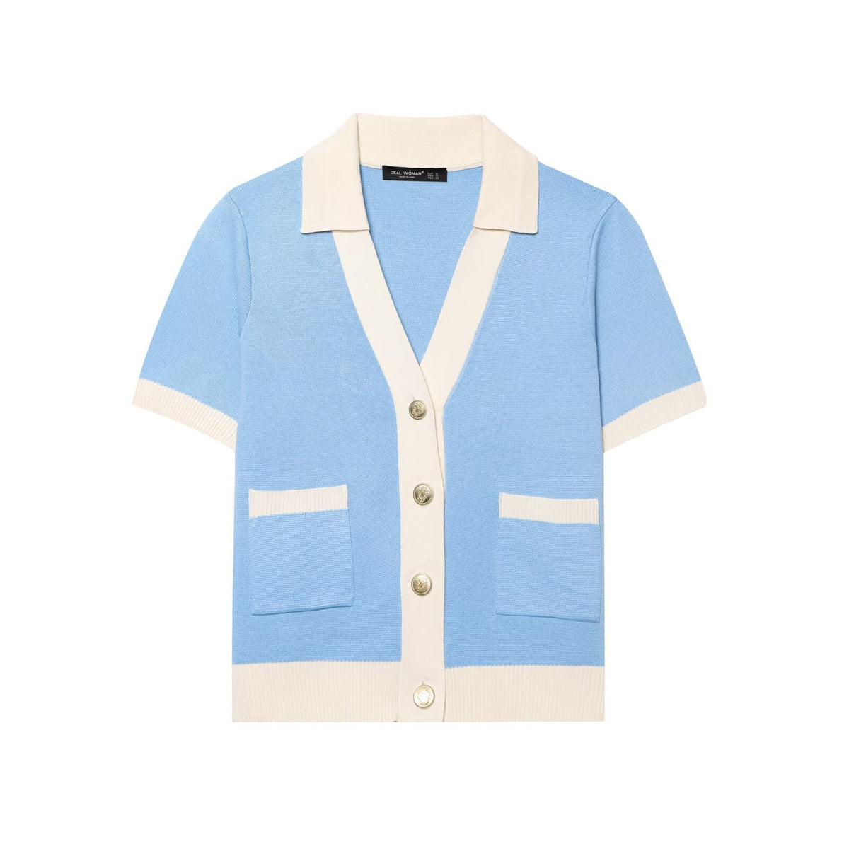 Aria | Short Sleeve Knit Cardigan Light Blue Cream Trim