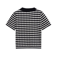 Iris | Striped Knit Polo Top Black White Short Sleeve