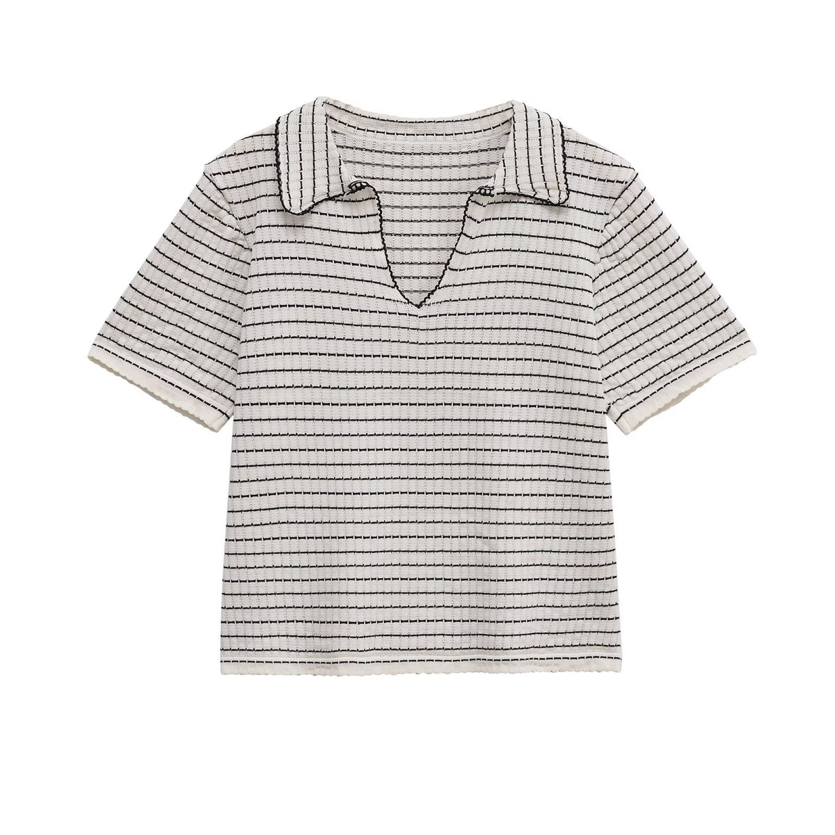 Neve | Striped Knit Polo Top Cream Short Sleeve