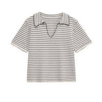 Neve | Striped Knit Polo Top Cream Short Sleeve