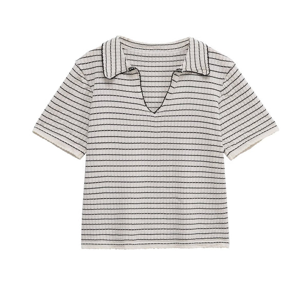 Neve | Striped Knit Polo Top Cream Short Sleeve