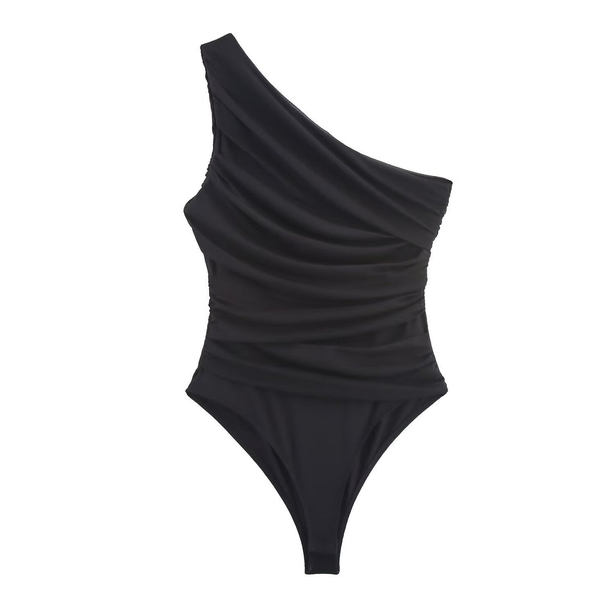 Vera | One Shoulder Draped Bodysuit Brown Ruched