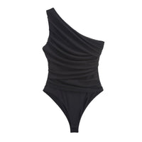 Vera | One Shoulder Draped Bodysuit Brown Ruched