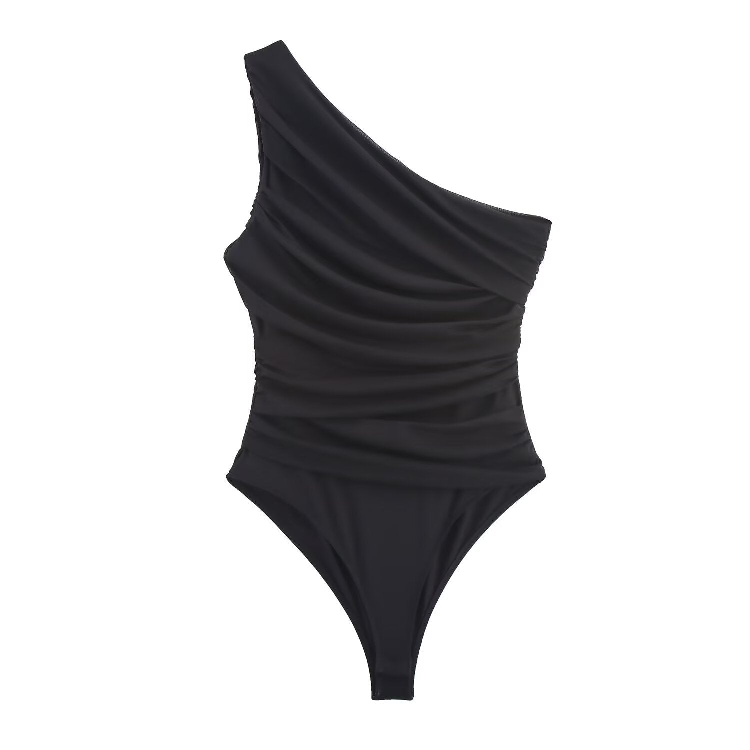 Vera | One Shoulder Draped Bodysuit Brown Ruched