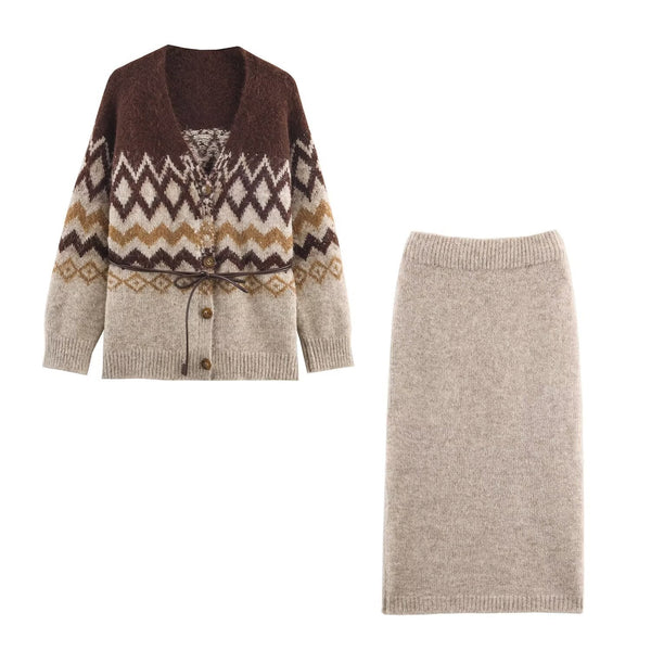 Vera | Knit Set Cream Cardigan Midi Skirt Patterned