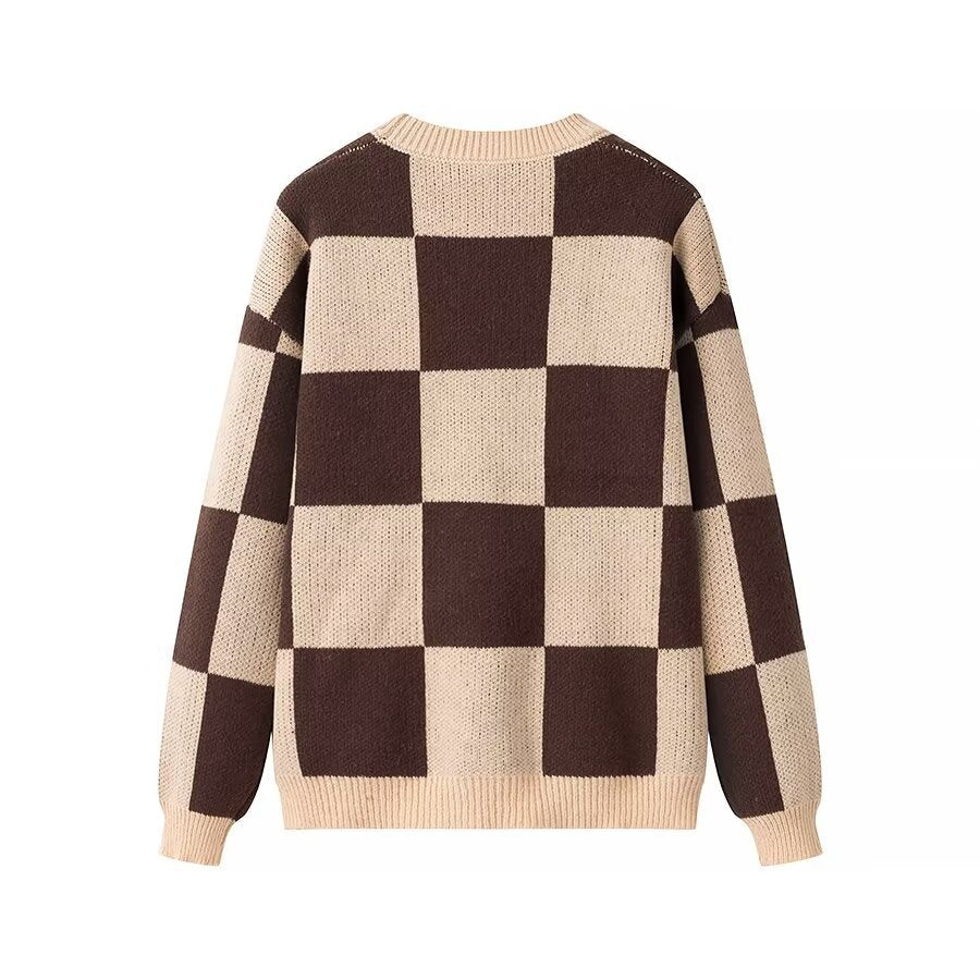 Vera | Checkboard Knit Sweater Cream Brown Crew Neck