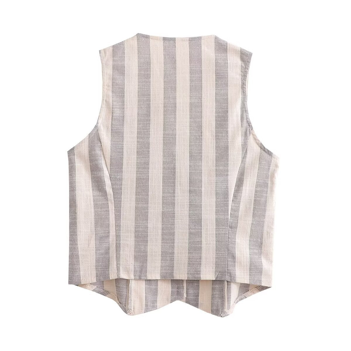 Vera | Striped Linen Vest Cream Beige Button Front