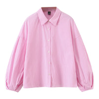 Luisa | Striped Shirt Pant Set Pink Puff Sleeve Wide Leg