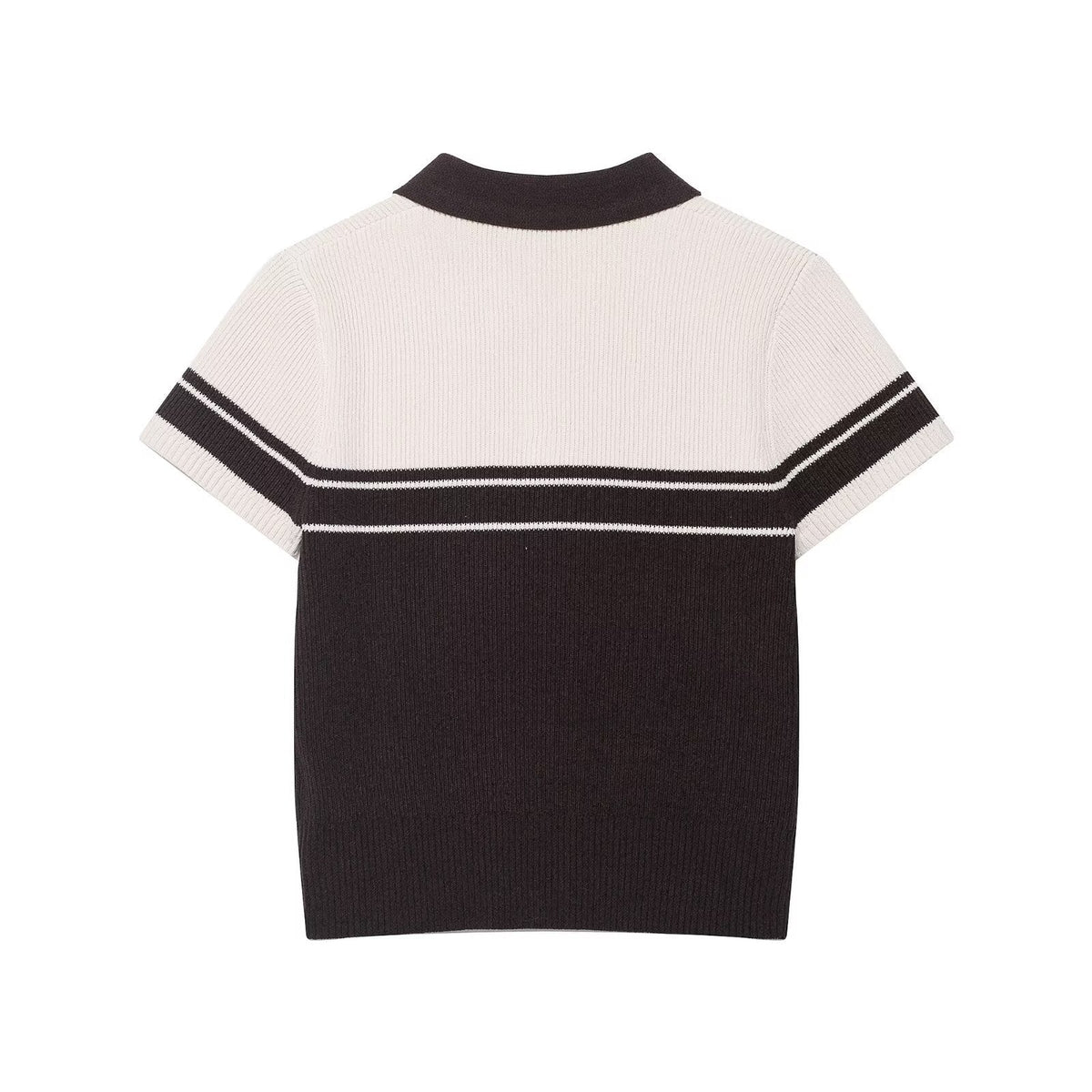 Isla | Ribbed Knit Polo Top Cream Black Stripe Short Sleeve