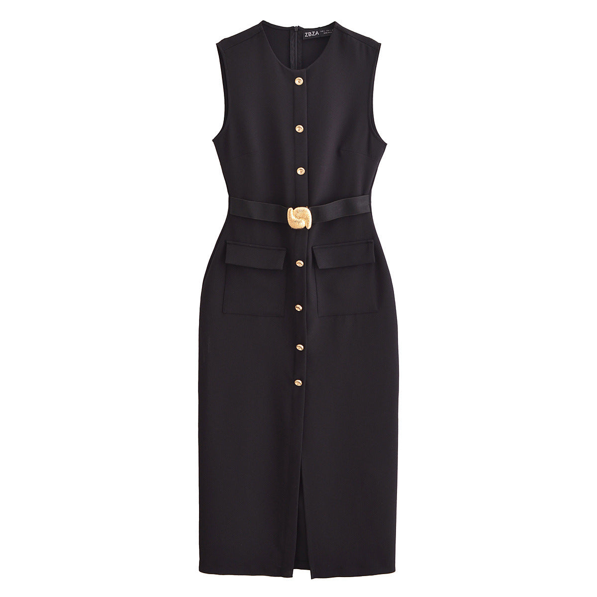 Vera | Black Midi Dress Gold Button Belted Fitted
