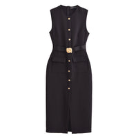 Vera | Black Midi Dress Gold Button Belted Fitted