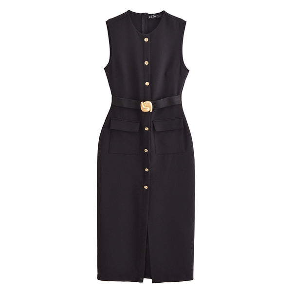 Vera | Black Midi Dress Gold Button Belted Fitted