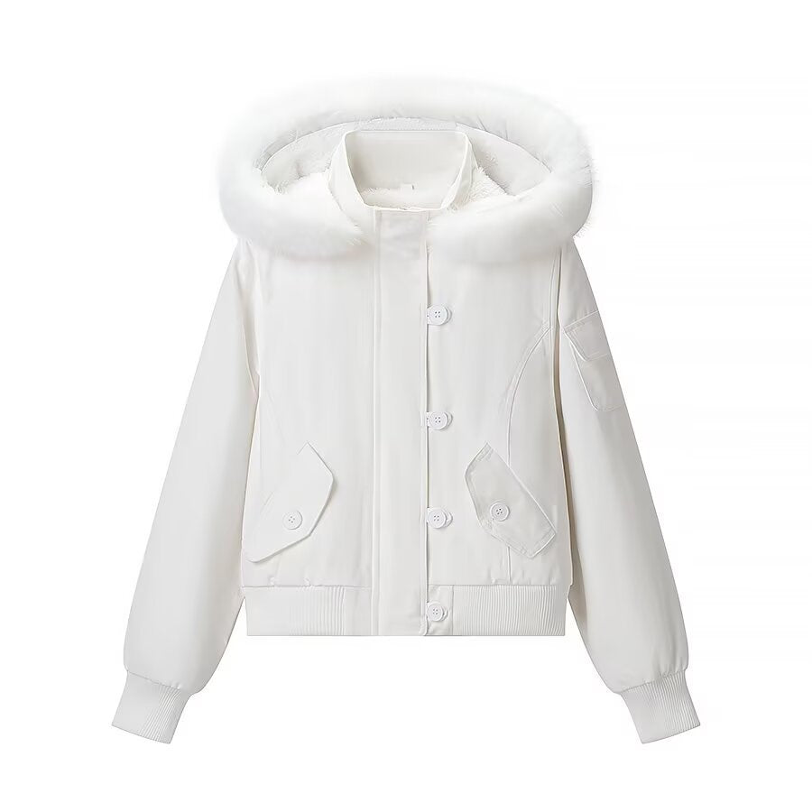 Vera | Puffer Jacket White Faux Fur Hood Button Front