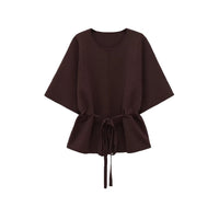 Isla | Drawstring Waist Peplum Top Brown Short Sleeve