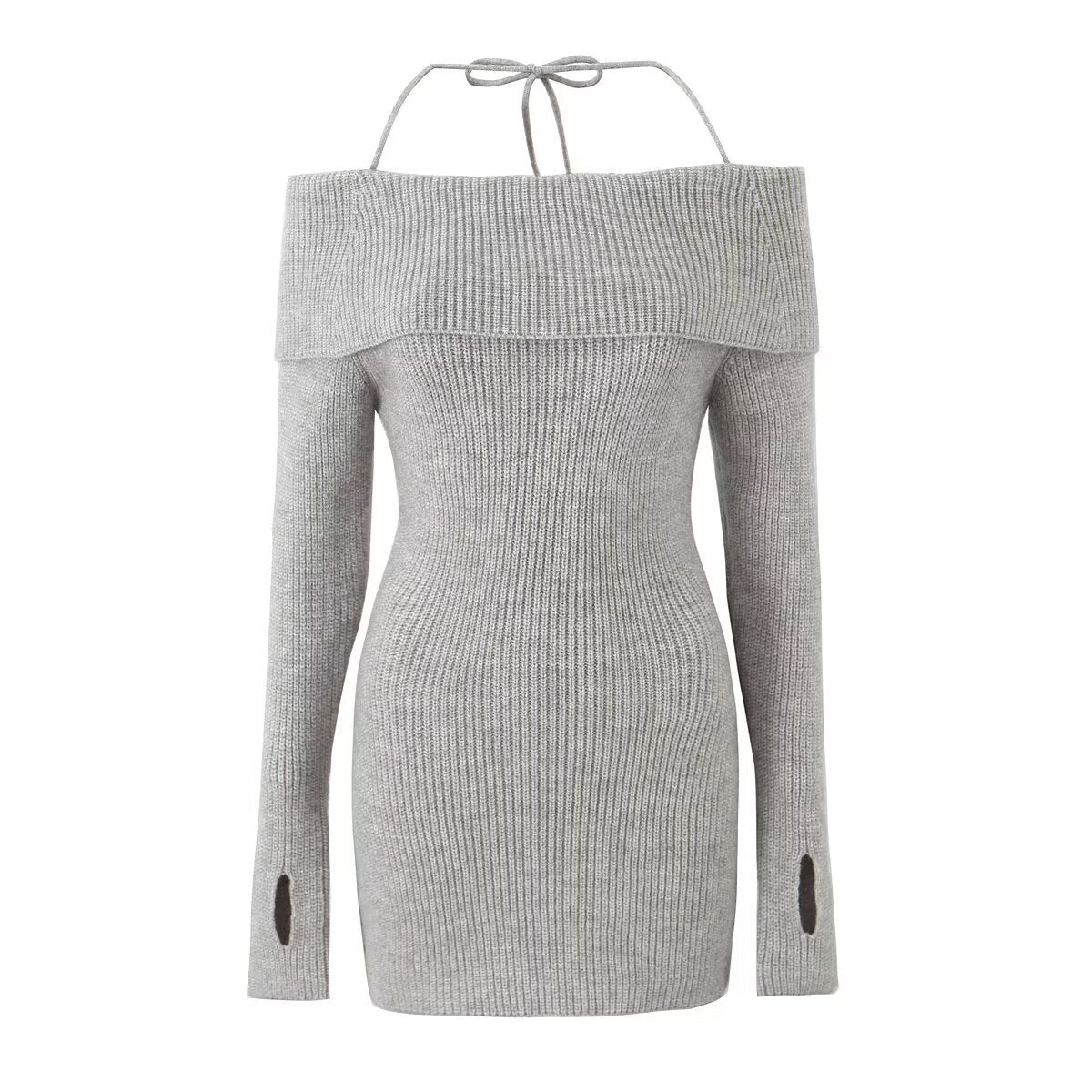 Rue | Off Shoulder Knit Dress Cream Long Sleeve Halter