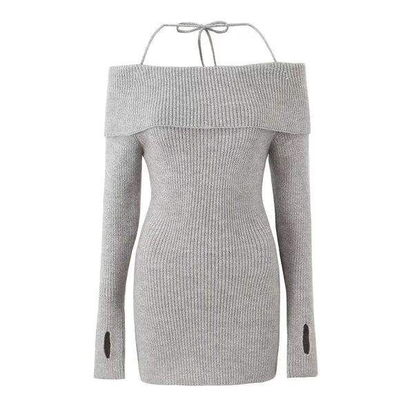 Rue | Off Shoulder Knit Dress Cream Long Sleeve Halter