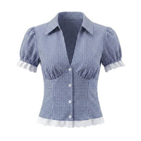 Vera | Cottagecore Puff Sleeve Skirt Set Blue Gingham Lace Trim
