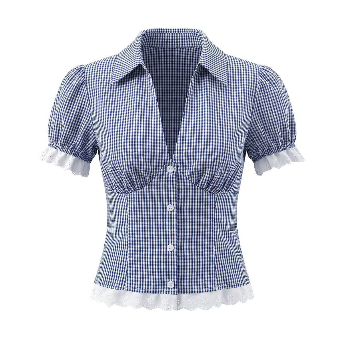 Vera | Cottagecore Puff Sleeve Skirt Set Blue Gingham Lace Trim