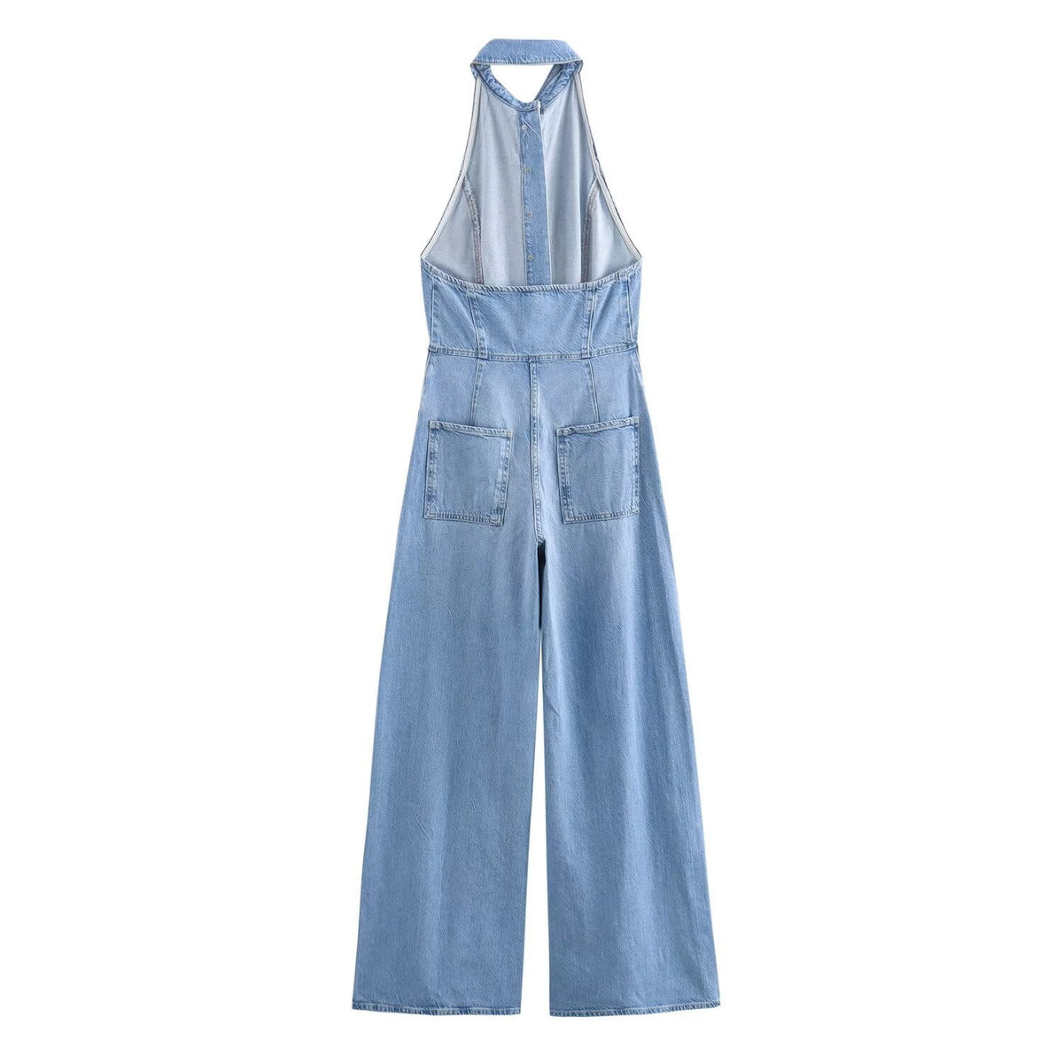 Vera | Denim Jumpsuit Light Blue Halter Collared Wide Leg