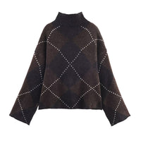 Vera | Argyle Knit Sweater Set Brown Studded Turtleneck