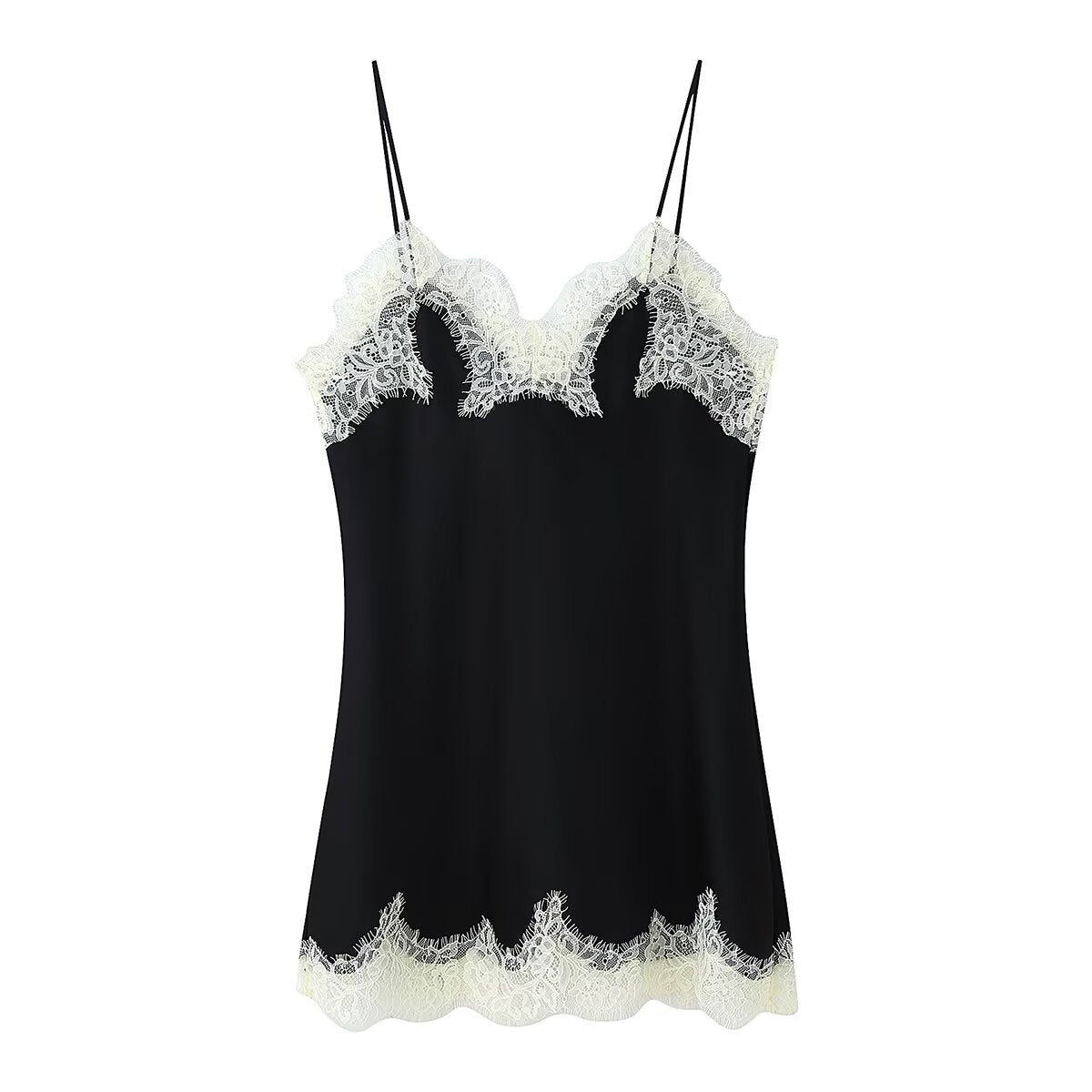 Alma | Lace Camisole Black Cream Trim Satin