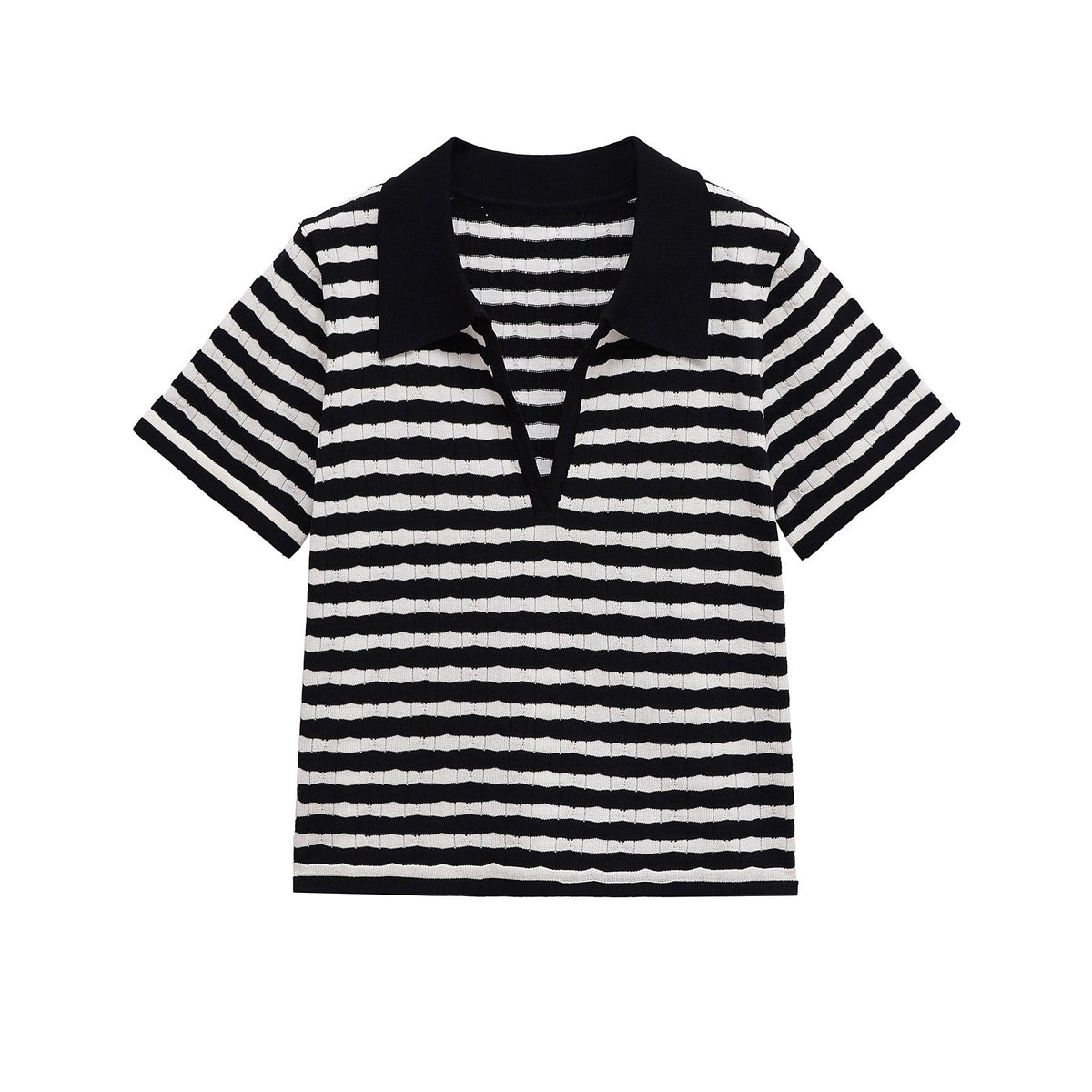 Iris | Striped Knit Polo Top Black White Short Sleeve