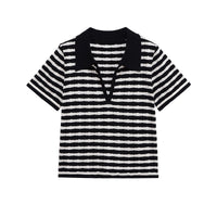 Iris | Striped Knit Polo Top Black White Short Sleeve