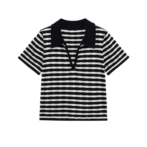 Iris | Striped Knit Polo Top Black White Short Sleeve