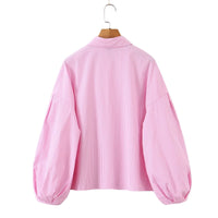 Luisa | Striped Shirt Pant Set Pink Puff Sleeve Wide Leg