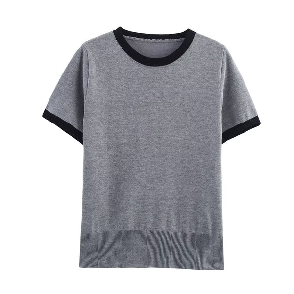 Vera | Crew Neck Knit Top Gray Black Trim Short Sleeve