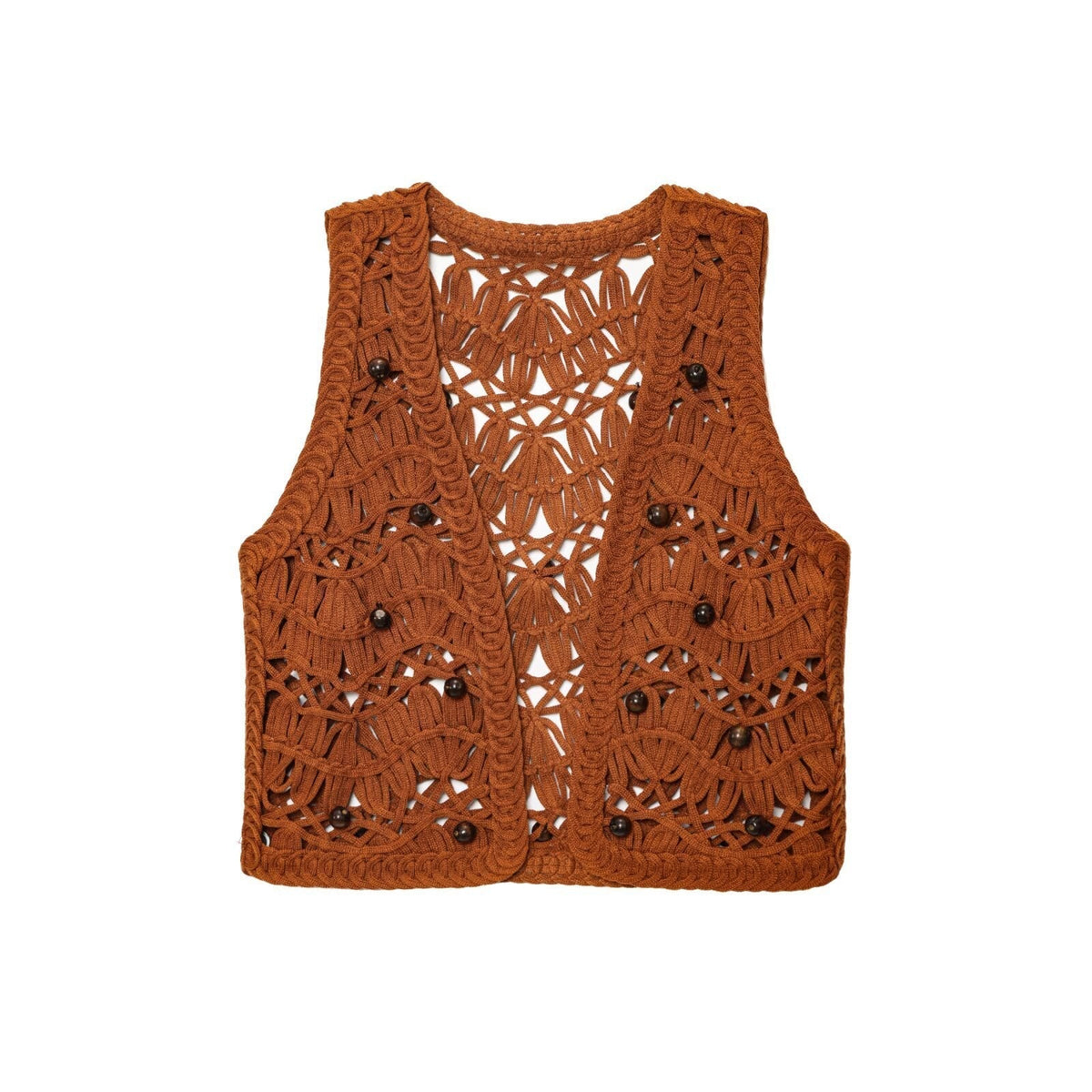 Neve | Crochet Beaded Vest Brown Button Front Sleeveless