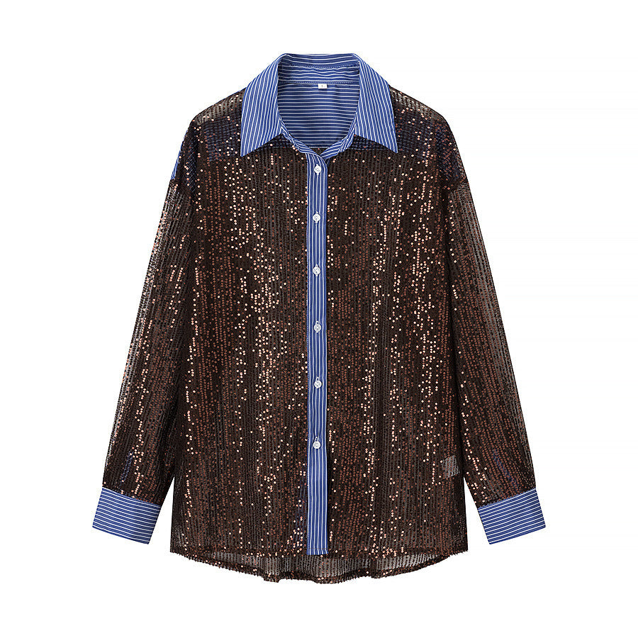 Elodie | Sequin Button Up Blouse Silver Long Sleeve Striped