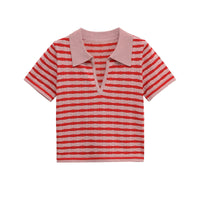 Iris | Striped Knit Polo Top Black White Short Sleeve