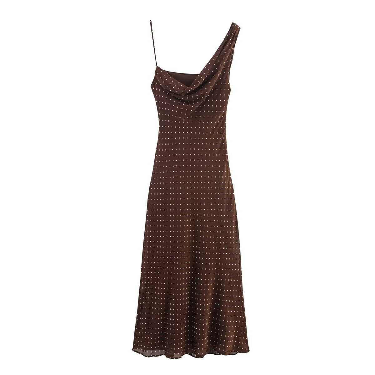 Luisa | Polka Dot Midi Dress Brown Cowl Neck