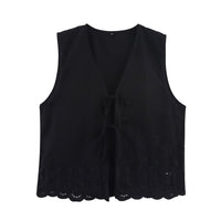 Fleur | Sleeveless Lace Eyelet Cardigan Black Tie Front
