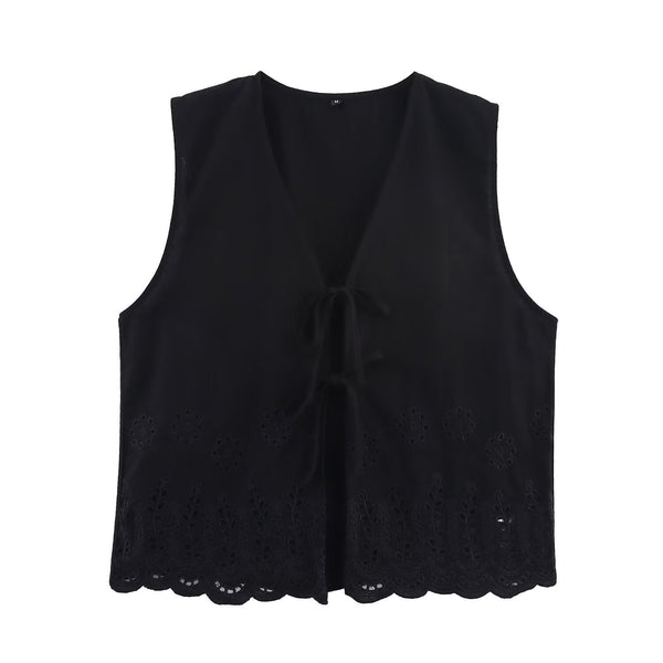 Fleur | Sleeveless Lace Eyelet Cardigan Black Tie Front
