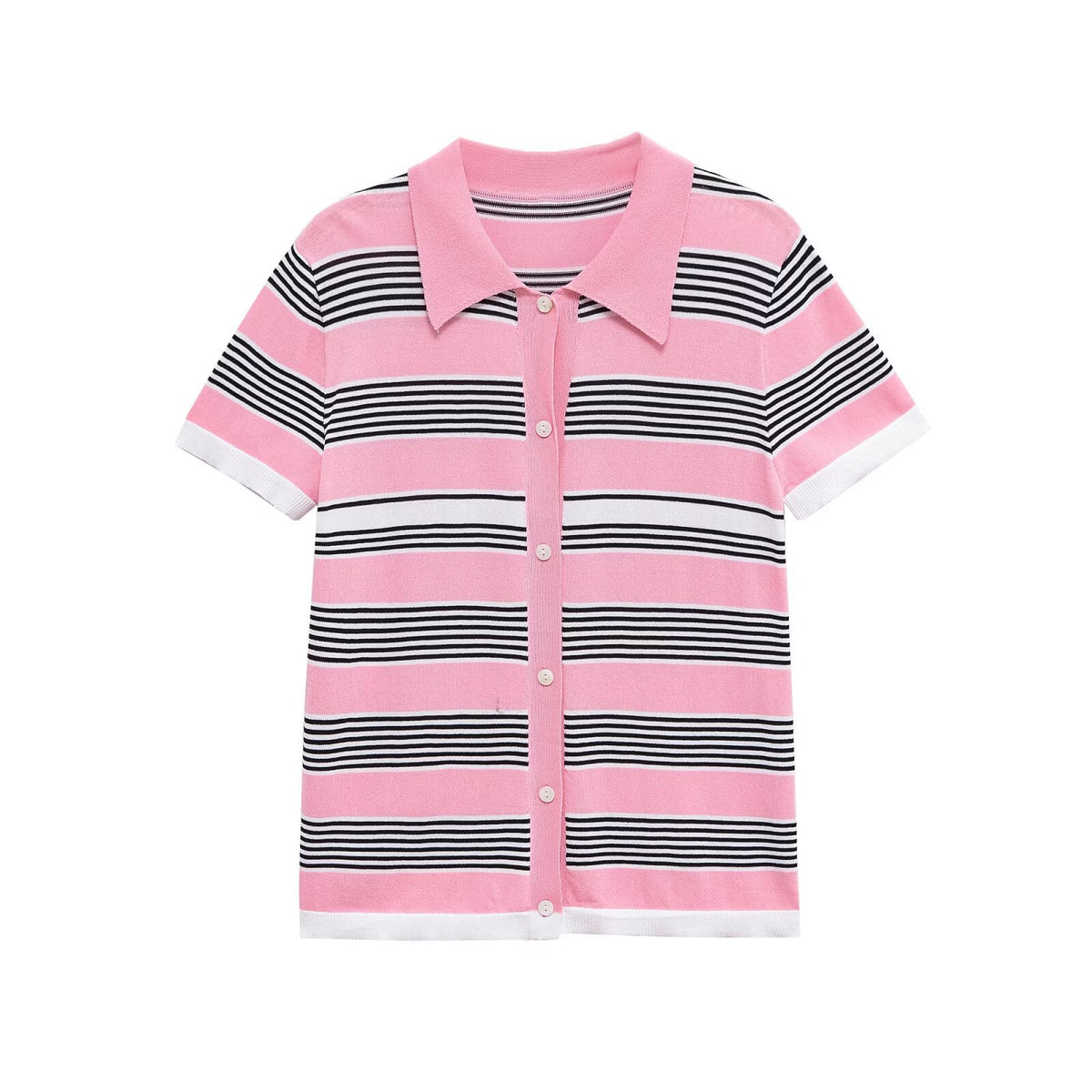 Mira | Striped Knit Polo Pink Navy White Short Sleeve Button