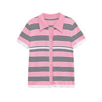 Mira | Striped Knit Polo Pink Navy White Short Sleeve Button