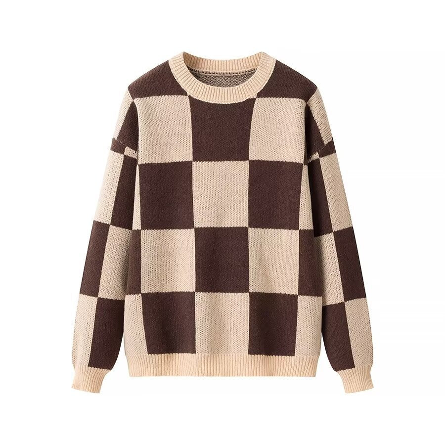 Vera | Checkboard Knit Sweater Cream Brown Crew Neck