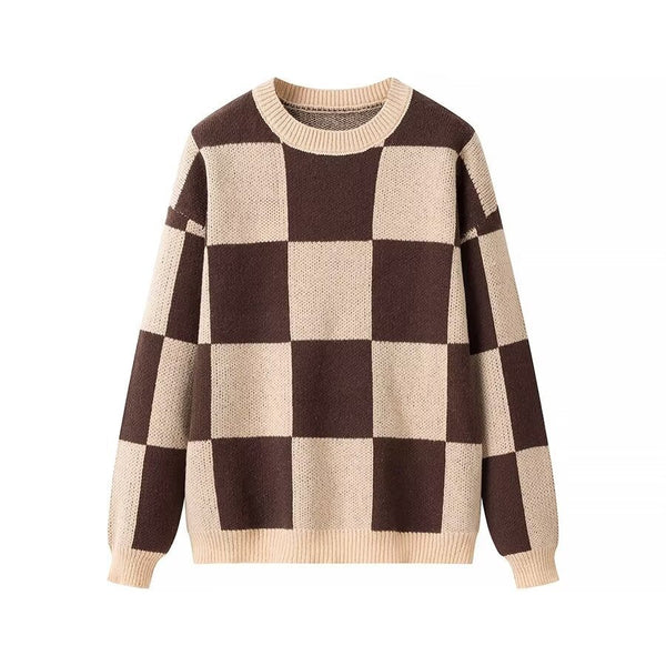 Vera | Checkboard Knit Sweater Cream Brown Crew Neck