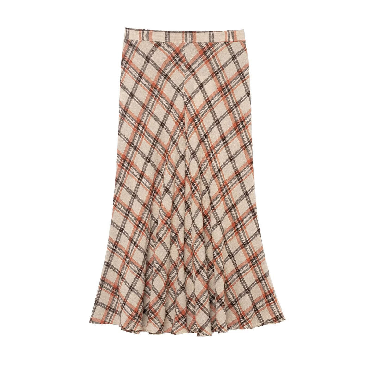 Isla | Plaid Midi Skirt Cream Brown Orange A Line Flared