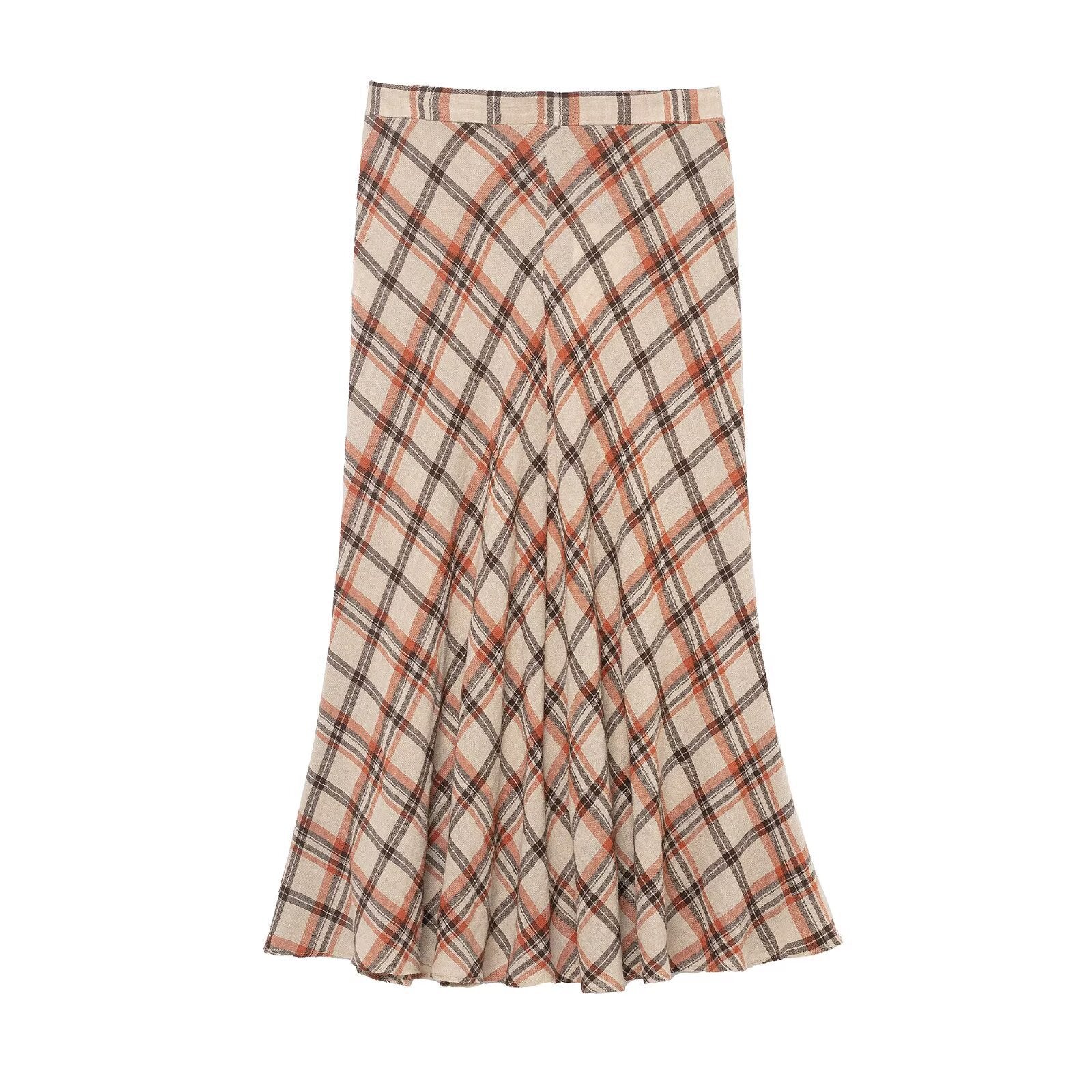 Isla | Plaid Midi Skirt Cream Brown Orange A Line Flared