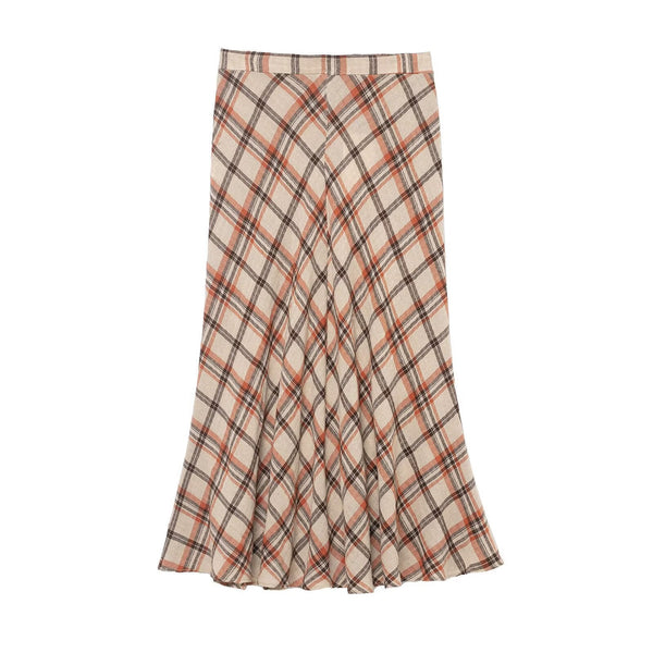 Isla | Plaid Midi Skirt Cream Brown Orange A Line Flared
