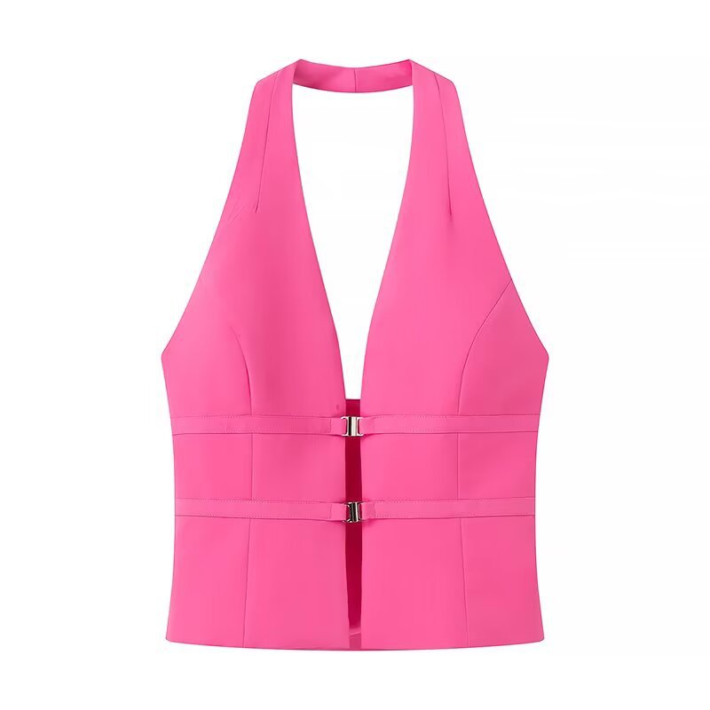 Faye | Halter Top Pink Buckle Fitted Stretch