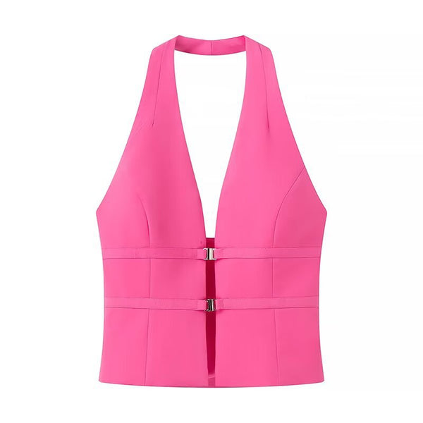 Faye | Halter Top Pink Buckle Fitted Stretch