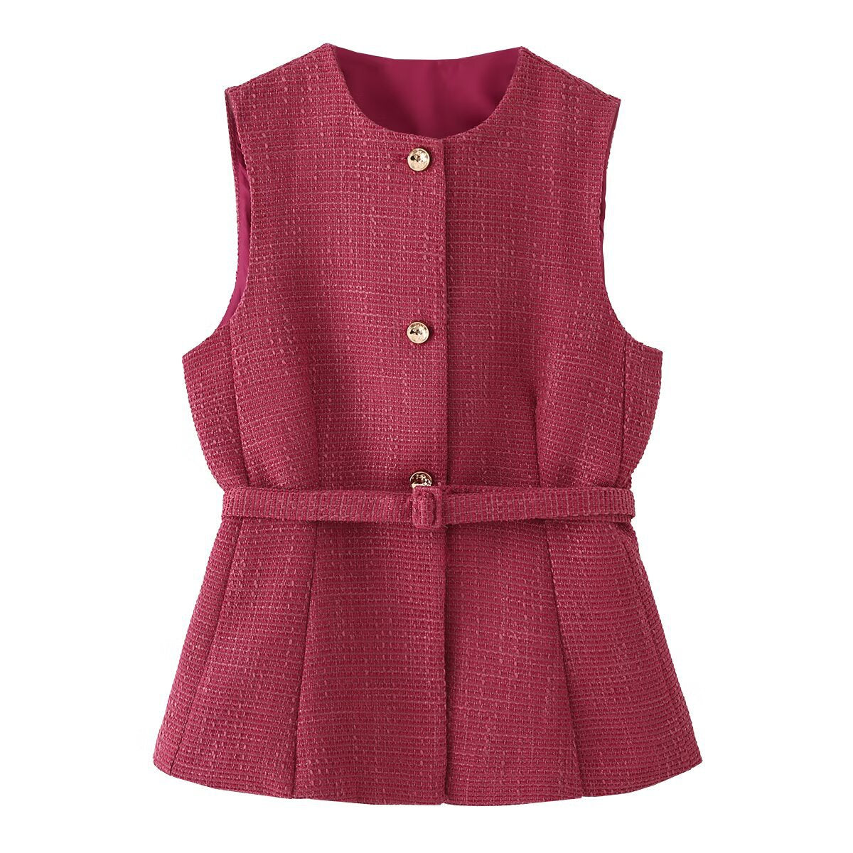 Eloise | Tweeds Belted Sweater Vest Burgundy Button Front