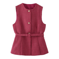 Eloise | Tweeds Belted Sweater Vest Burgundy Button Front